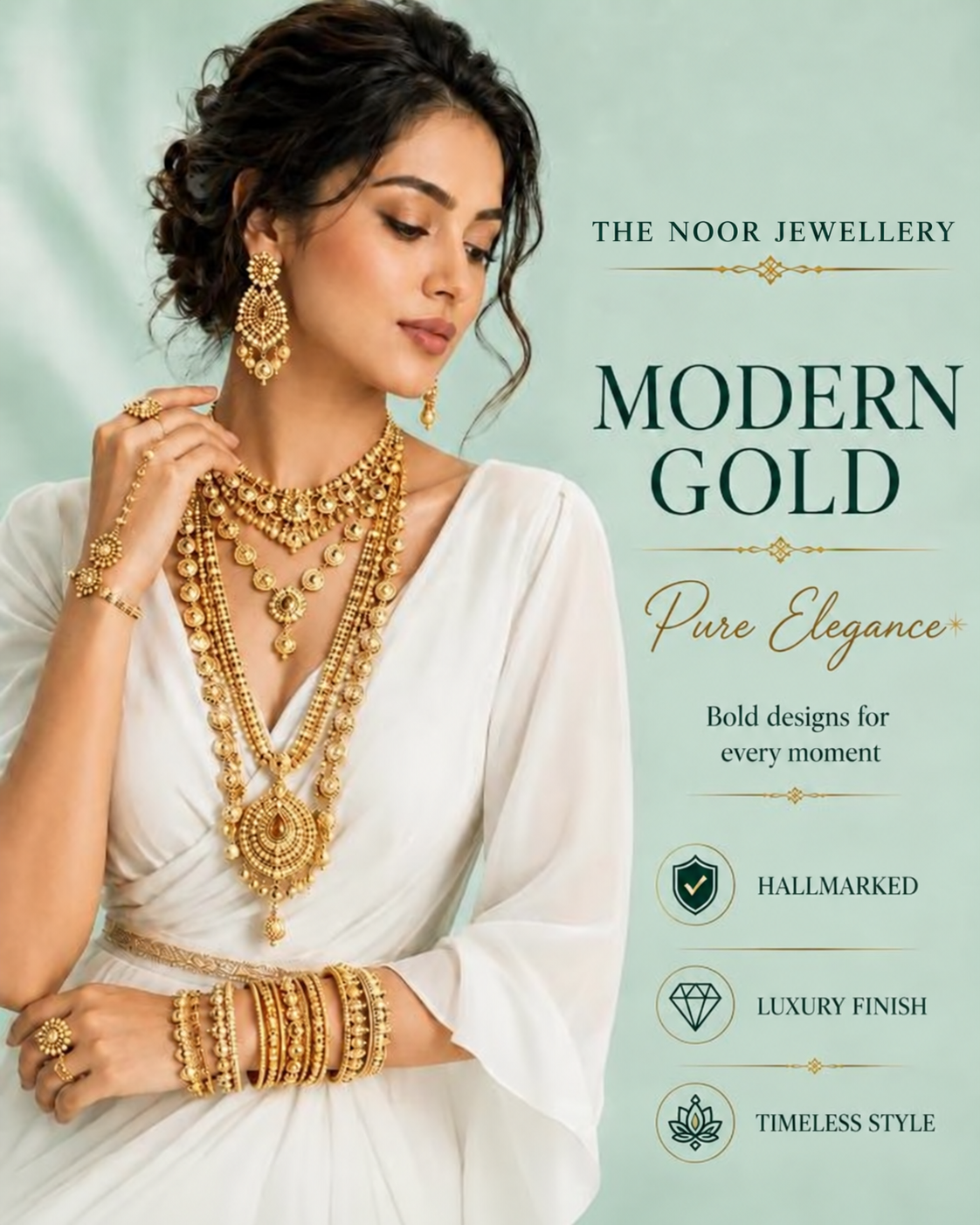 Traditional layered necklace and intricate gold earrings