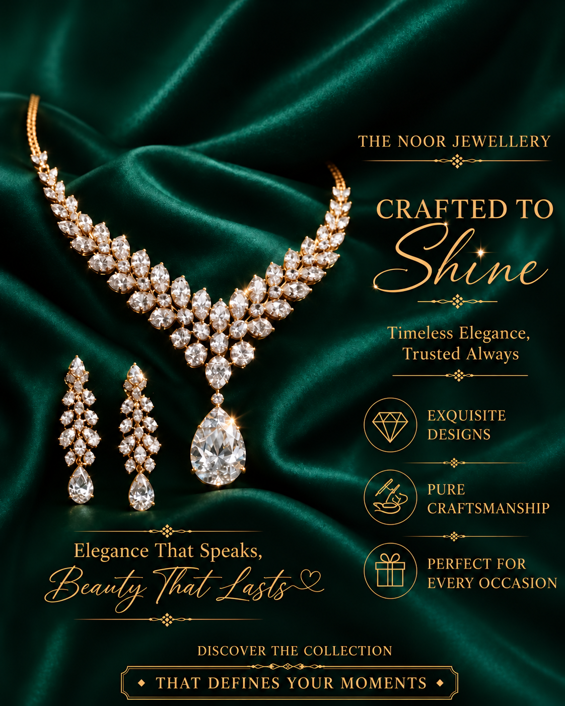 Teardrop stone necklace with matching earrings on emerald velvet